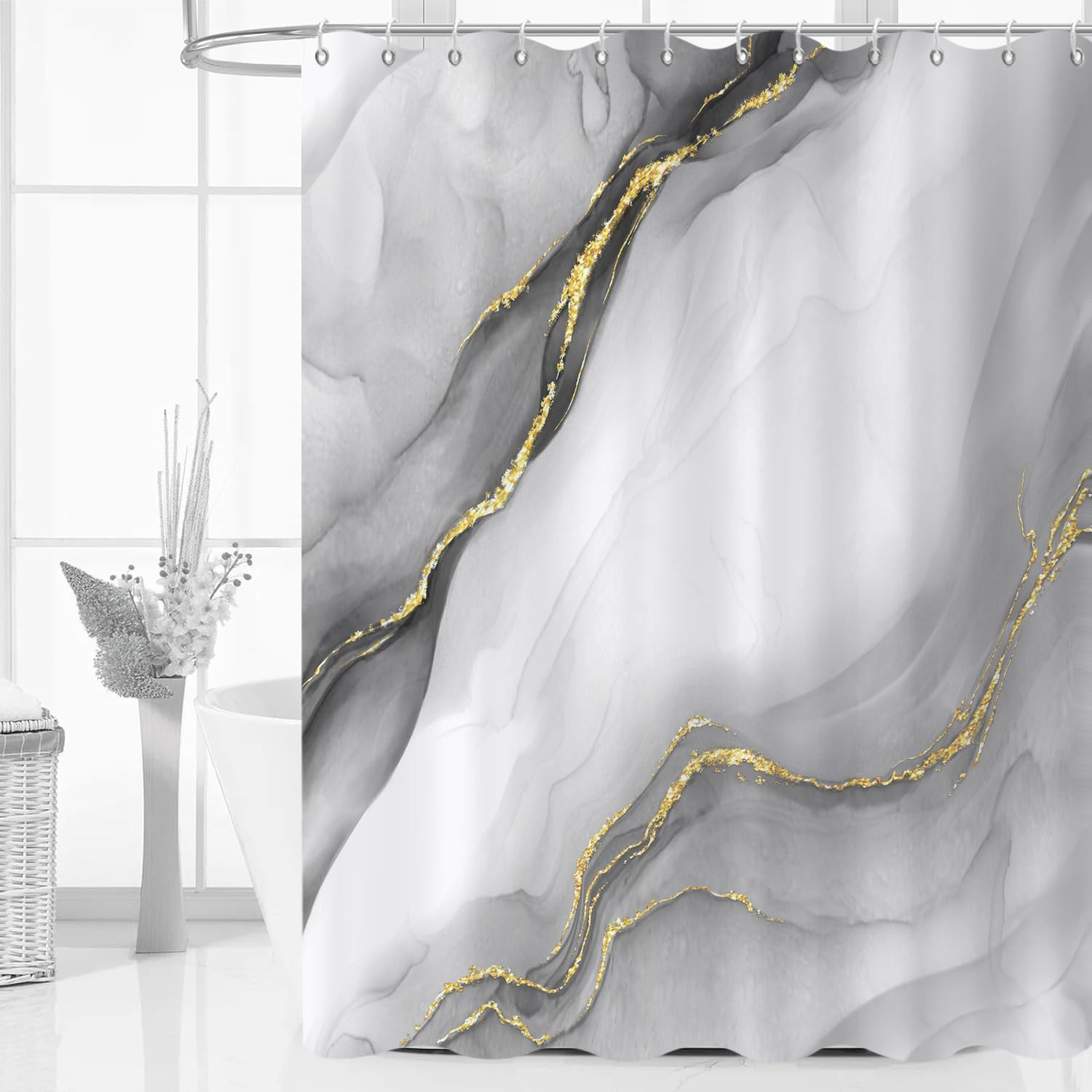 Grey Modern Abstract Shower Curtain, Grey Mix Gold Ombre Marble Texture Luxury B gallery