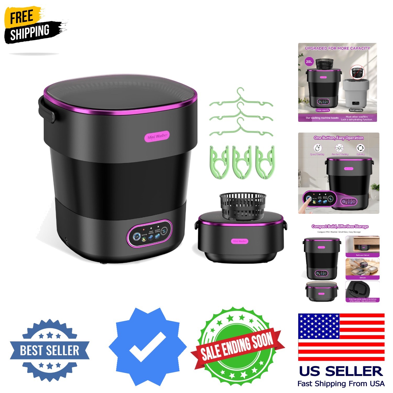 Portable Washing Machine, Folding 20L Mini Washer and Spin-Dryer, 3 Cleaning ... gallery