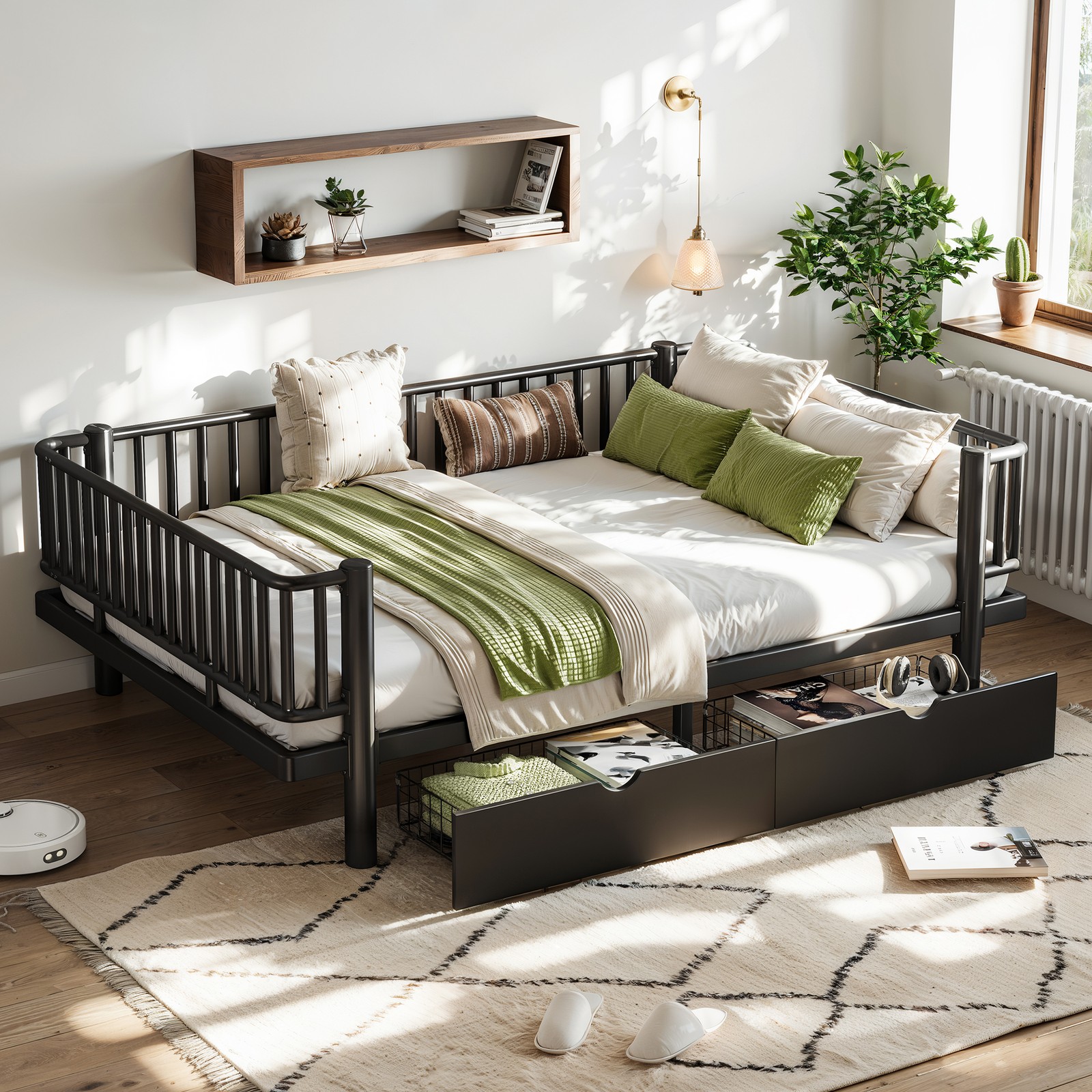 Full Size Metal MDF Platform Bed Frame Daybed Slatted W/ Storage Drawers Black gallery
