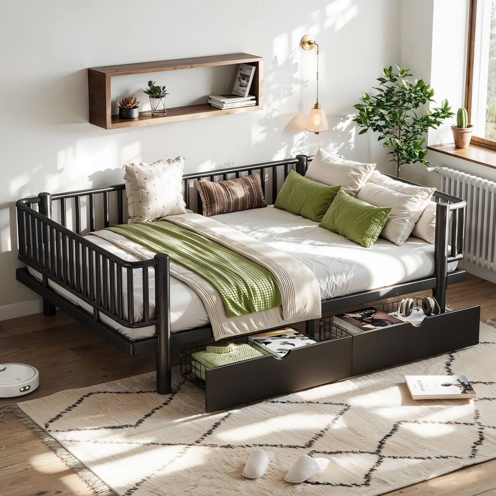 Full Size Metal MDF Platform Bed Frame Daybed Slatted W/ Storage Drawers Black