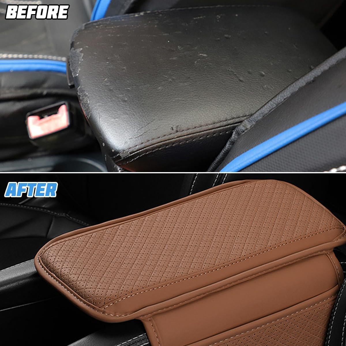 Center Console Cover, Leather Vehicle Armrest Cushion with 2 Stor Color: Brown gallery