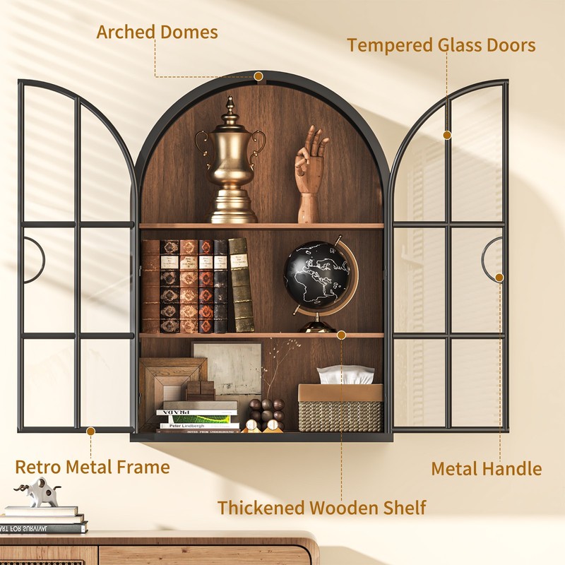 Fully Assembled Floating Storage Cabinet Arched Wall Display Cabinet Glass Door gallery