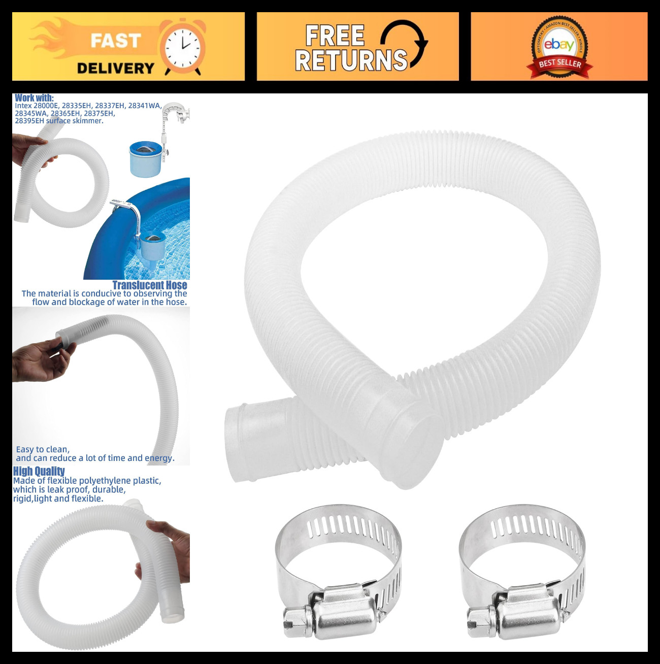 1.5" x 3ft Pool Skimmer Hose Replacement for Above Ground Pools - Transfer Hose gallery