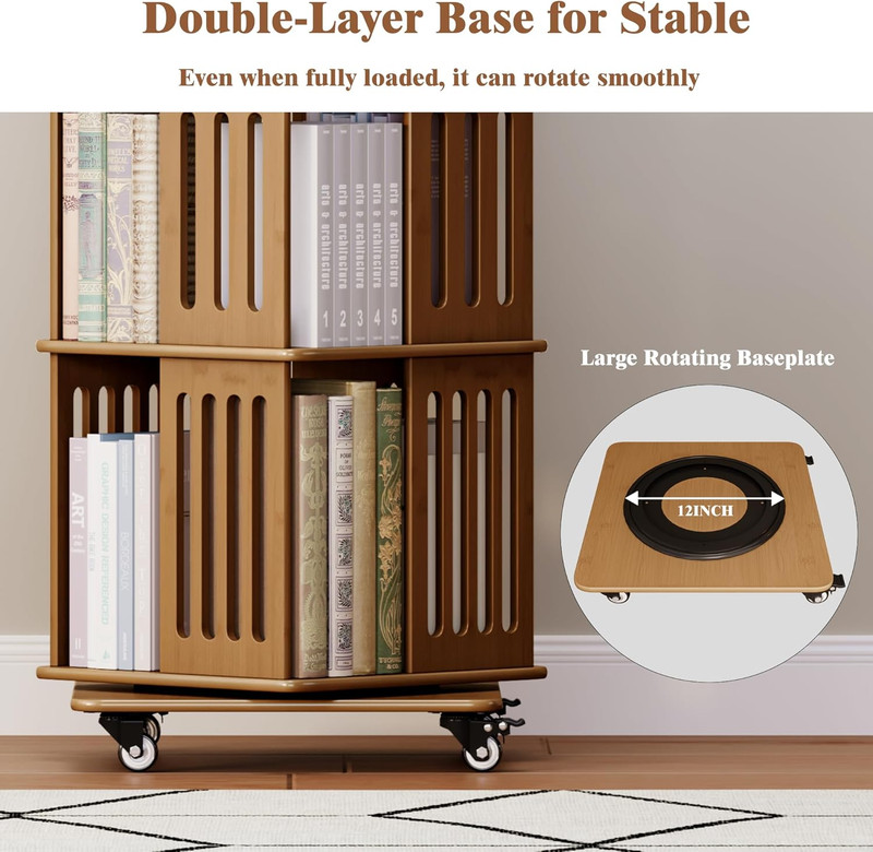 Walnut 5-Tier Rotating Bookshelf on Wheels - Stylish Space Saver gallery