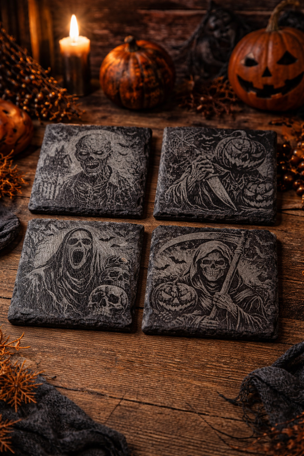Horror-Themed Slate Coasters – Set of 4 | Laser Engraved Halloween Drink Coaster gallery