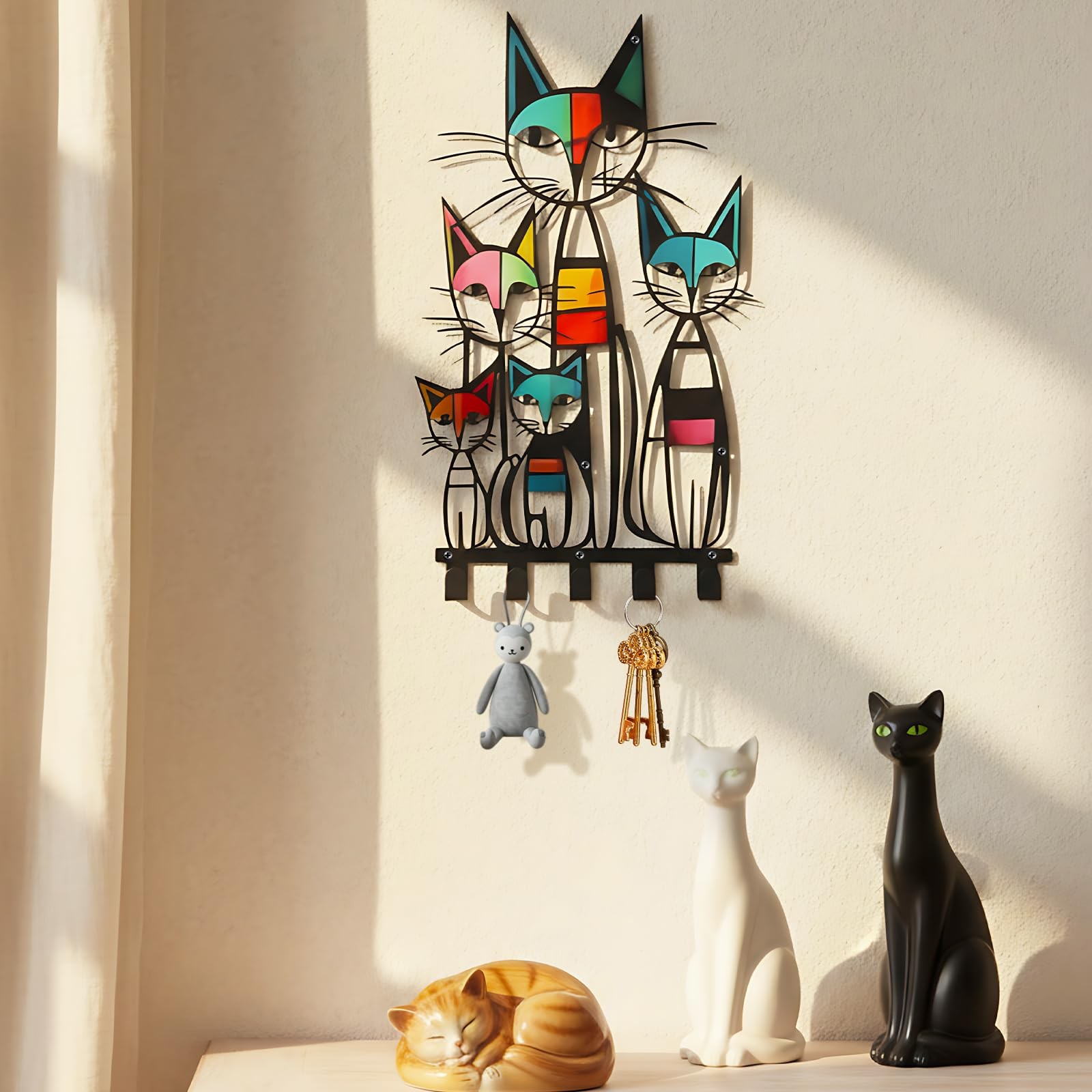 Mid Century Wall Mounted Coat Rack with 5 Hooks Retro Colorful Cat Wall Art D... gallery