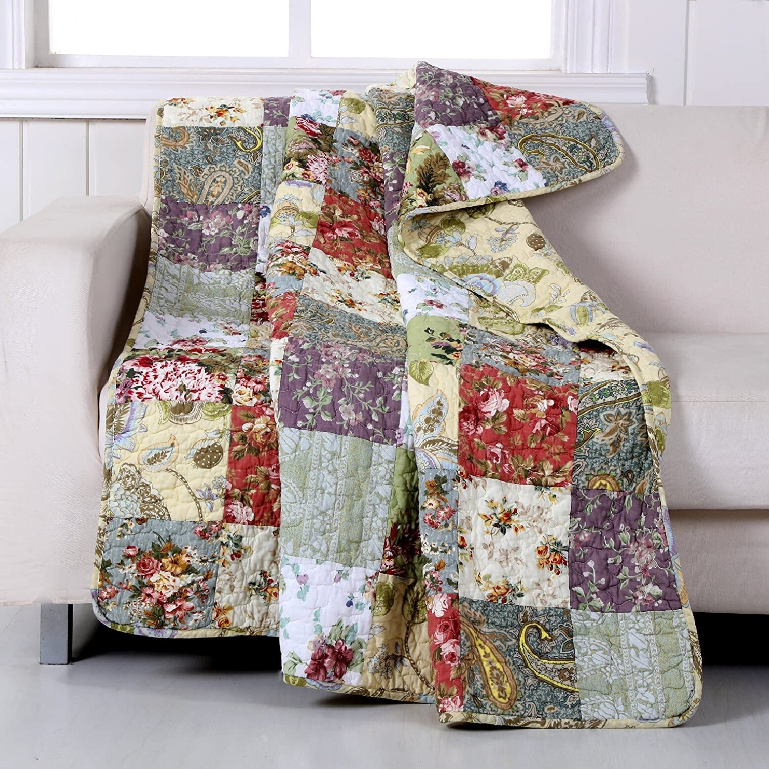 Throw Blanket Floral Patchwork Design Purple White Cotton Quilted Couch Cover gallery