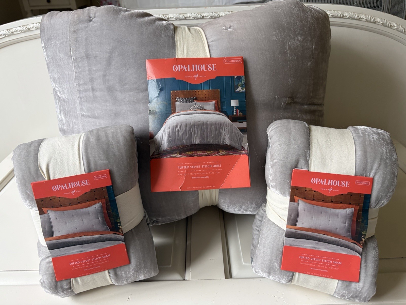 OPALHOUSE Grey Tufted VELVET Stitch Full / Queen QUILT + 2 Standard SHAMS NWT gallery