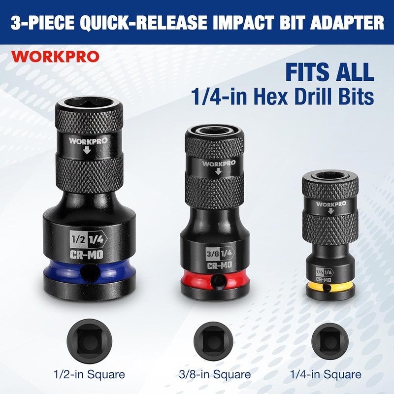 WORKPRO 1/2" 3/8" 1/4inch Quick Release Hex Impact Socket Adapter Bit Holder Set gallery