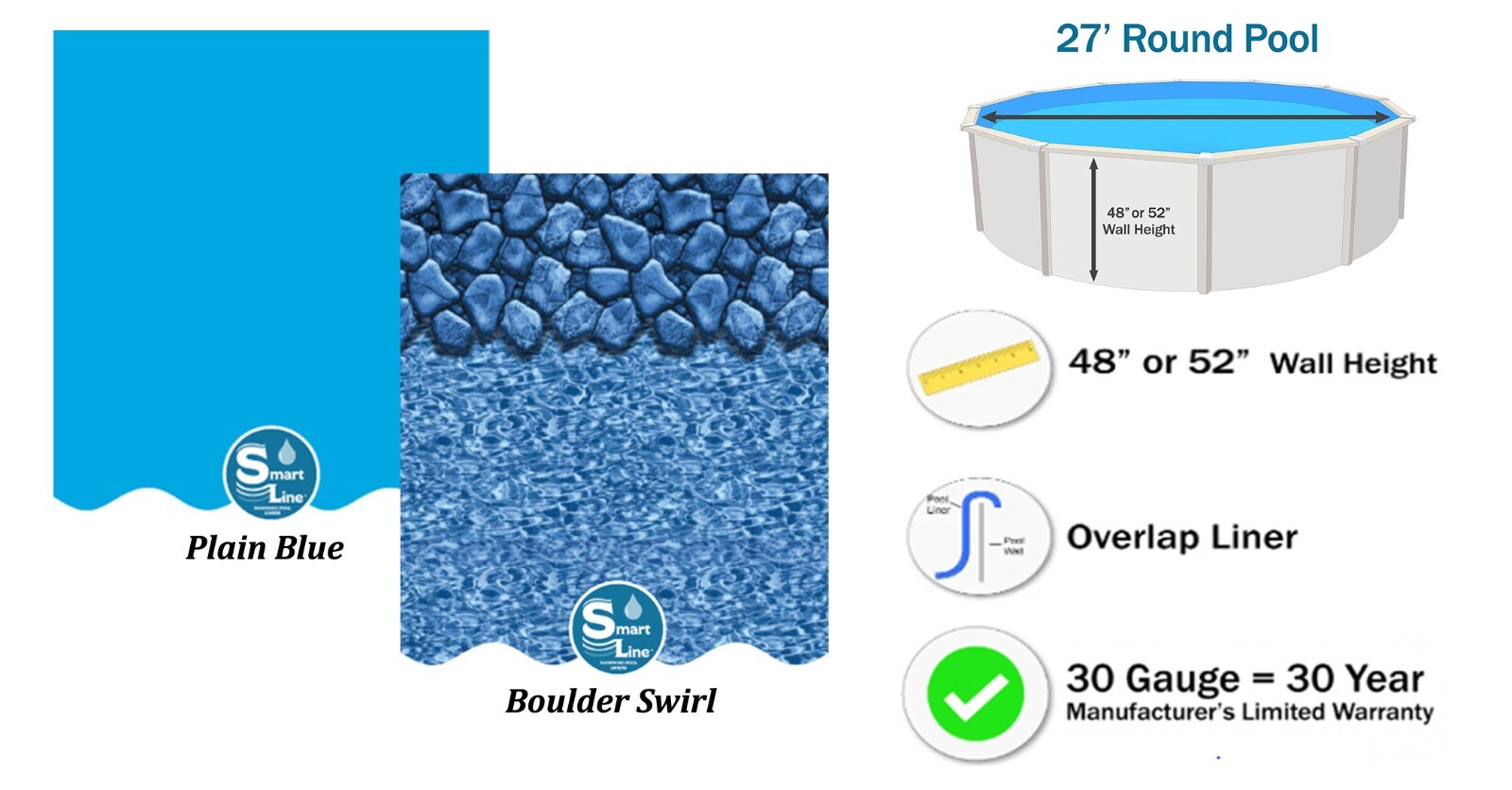 Smartline 27' Round Overlap Swimming Pool Liner 48" / 52" Wall Height - 30 Gauge gallery