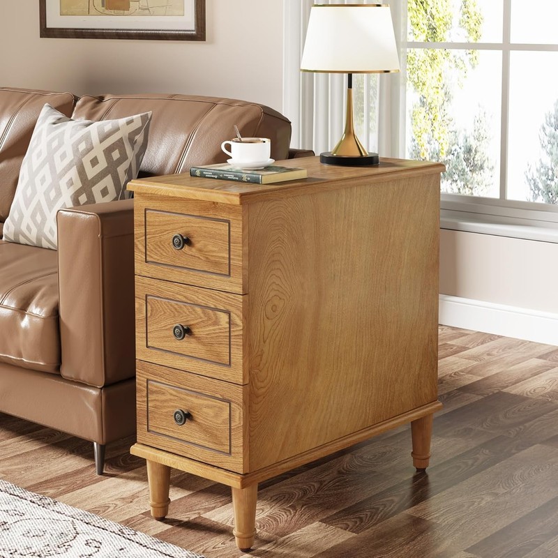 Solid Wood End Table, Fully Assembled Narrow Slim Side Table with 3 Drawers gallery