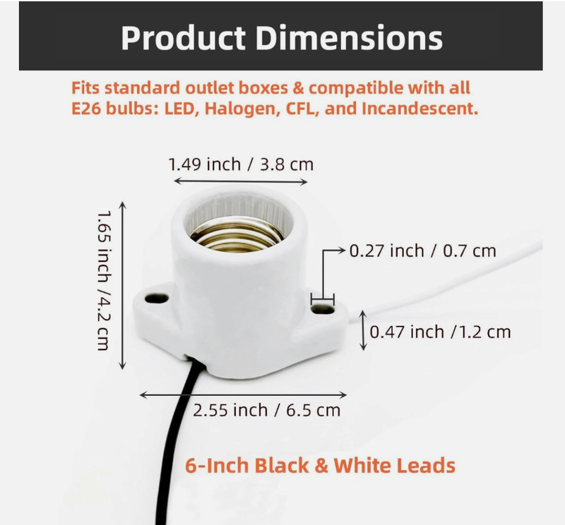 4-Pack E26 Ceramic Light Sockets, 600V 660W Lamp Holder & 9" 18AWG Wire gallery