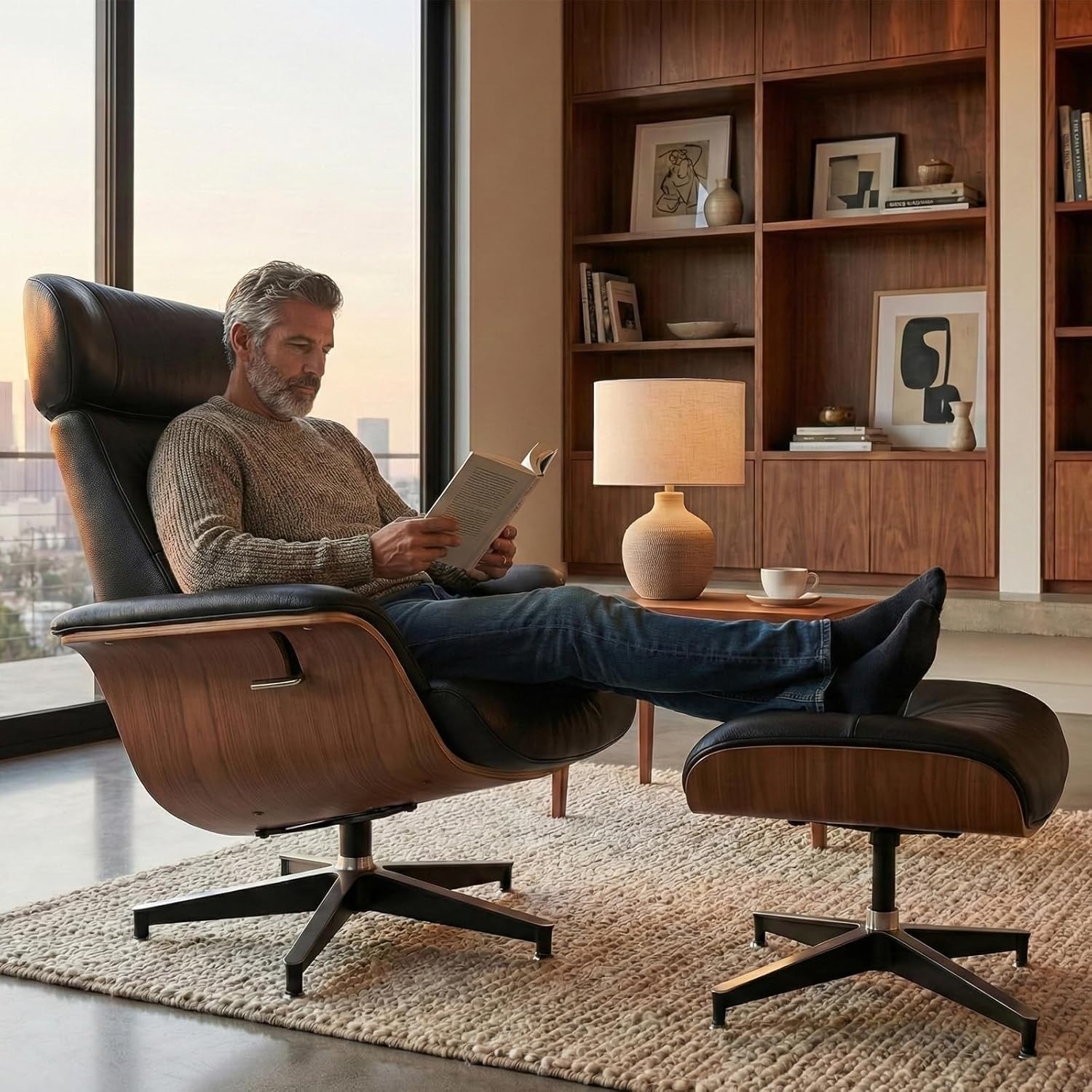 Genuine Leather Chaise Lounge Chair with Ottoman Recliner Swivel Arm chair gallery
