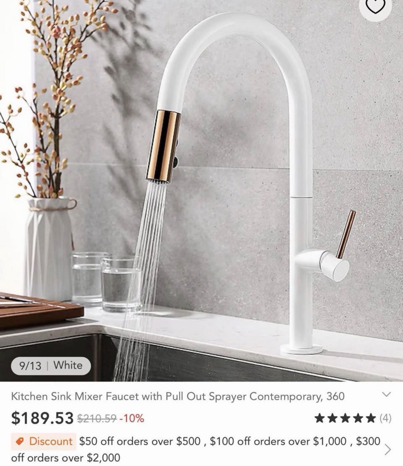 White/Gold Single Handle Pull-Out High Arc Kitchen Faucet Single-Hole Deck Mount gallery