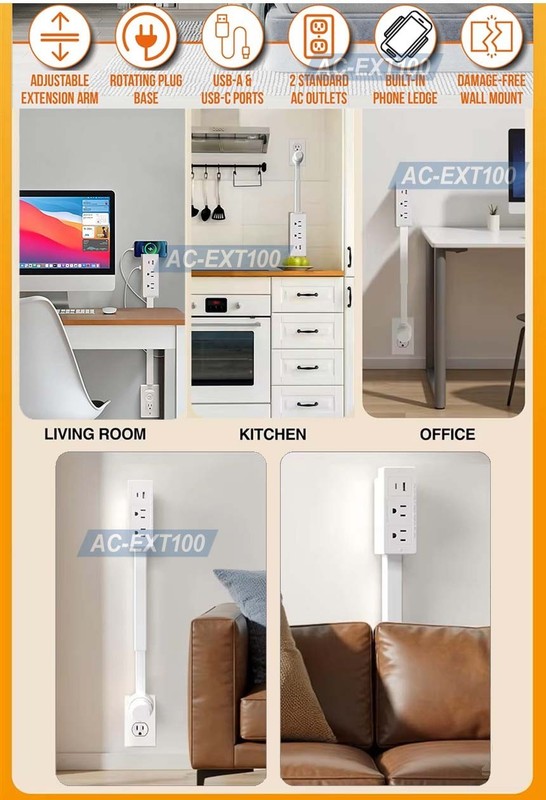 Space-Saving AC Outlet Extender Wand For Wall Outlets Behind Sofa Hidden Corner gallery