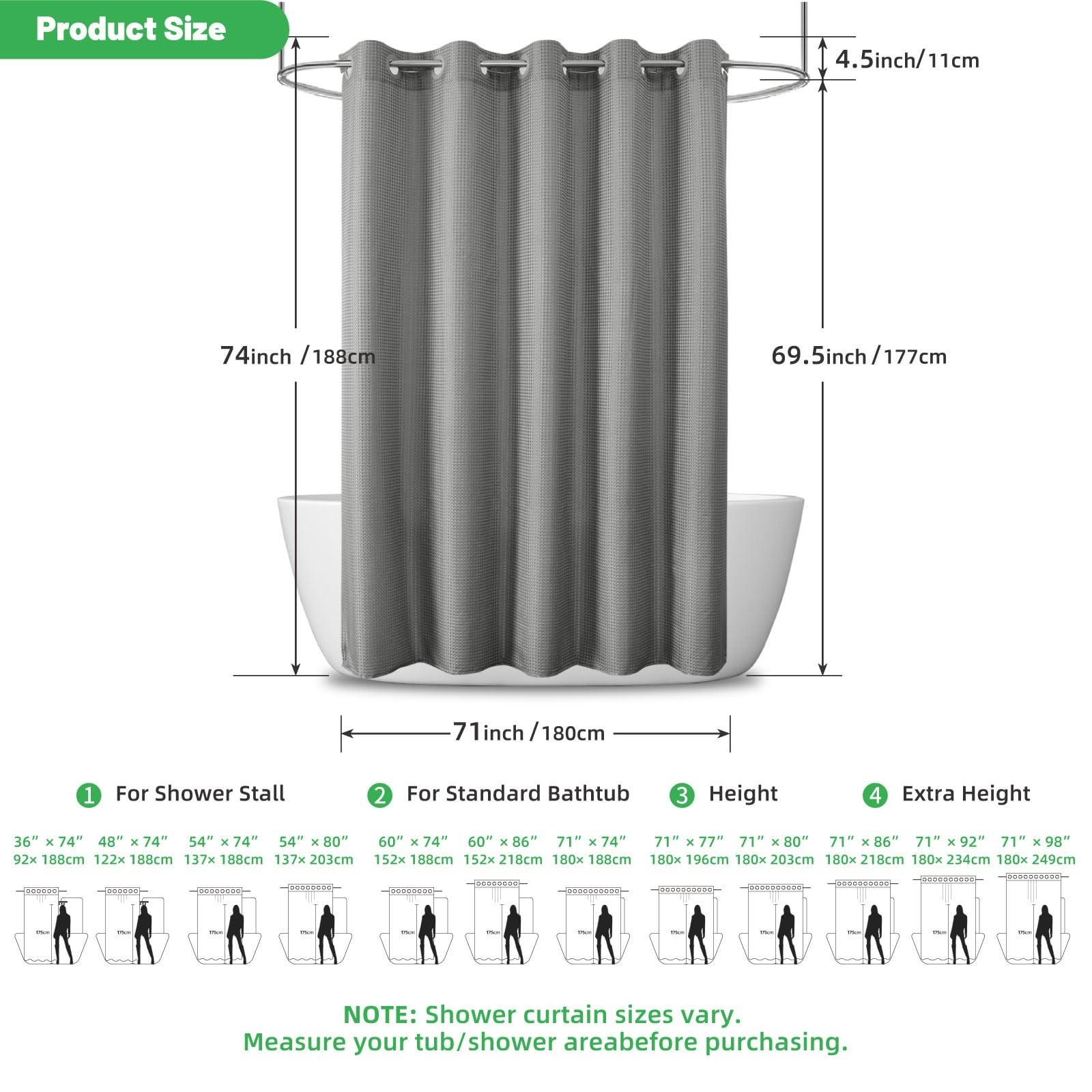 Waterproof 3-in-1 Waffle Weave Shower Curtain - Machine Washable, 71"x74", Grey gallery