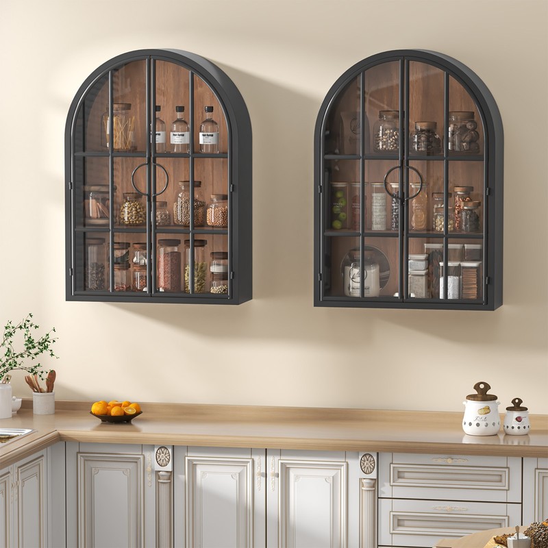 Fully Assembled Floating Storage Cabinet Arched Wall Display Cabinet Glass Door gallery