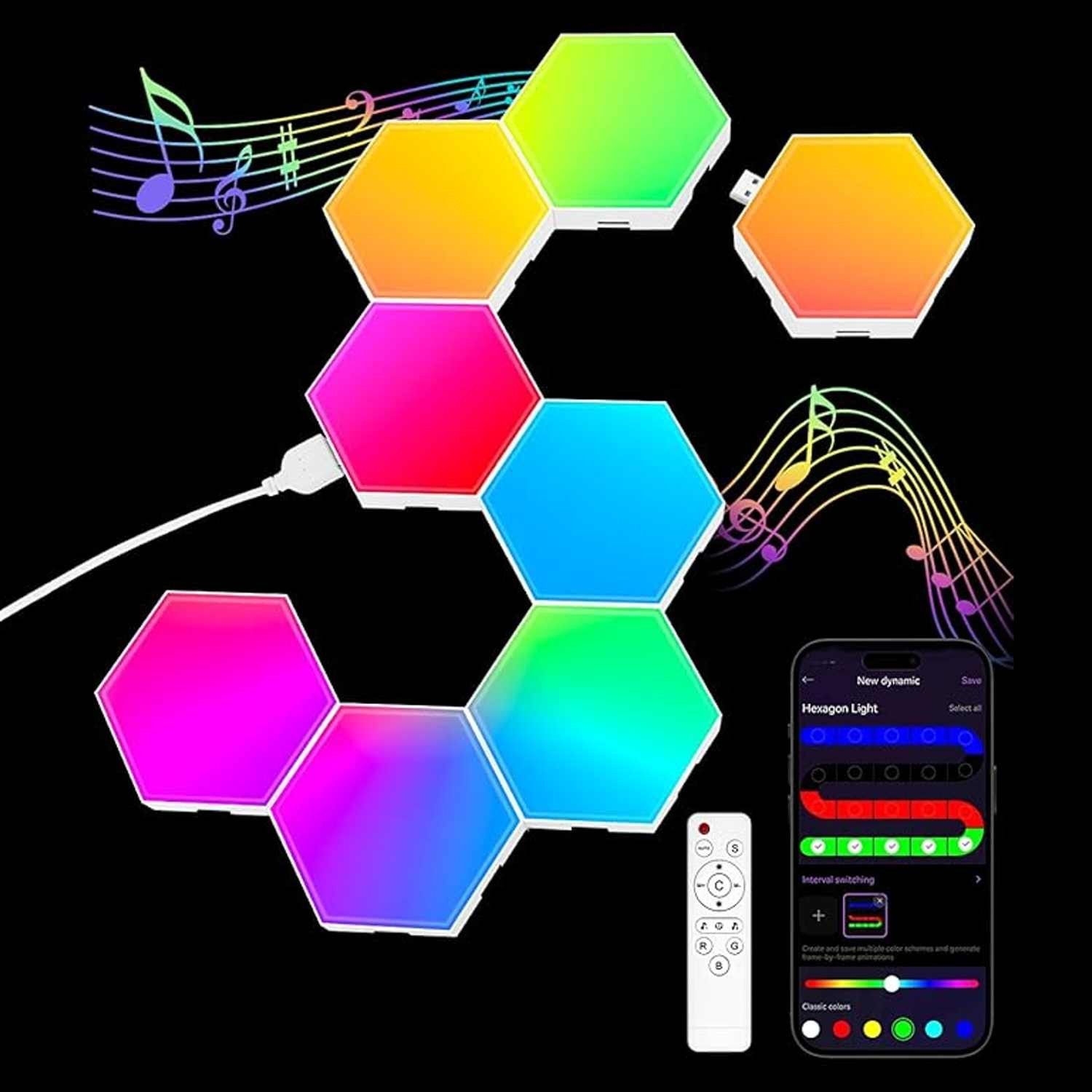 8 pc LED Hexagon Light Wall Panels Smart Sync RGB Remote+App+Wired Music Gaming gallery
