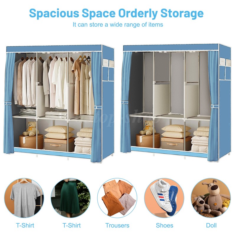 Design Portable Closet Wardrobe Clothes Rack Storage Organizer Shelf Sky Blue US gallery