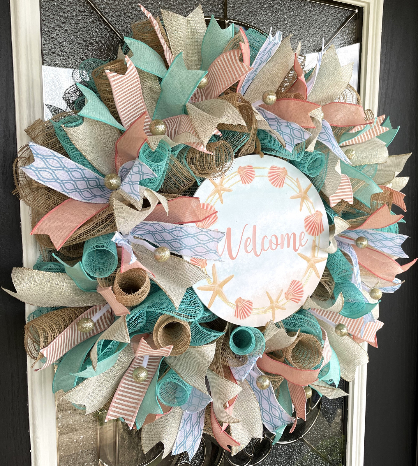 Welcome Aqua & Coral Beach Spring Summer Fall Deco Mesh Wreath, Starfish Shells gallery