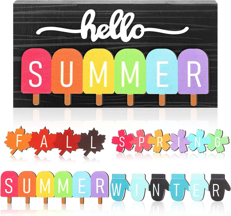 5 Pcs Hello Summer Interchangeable Sign Seasonal Sign Fall Winter Spring Tier... gallery