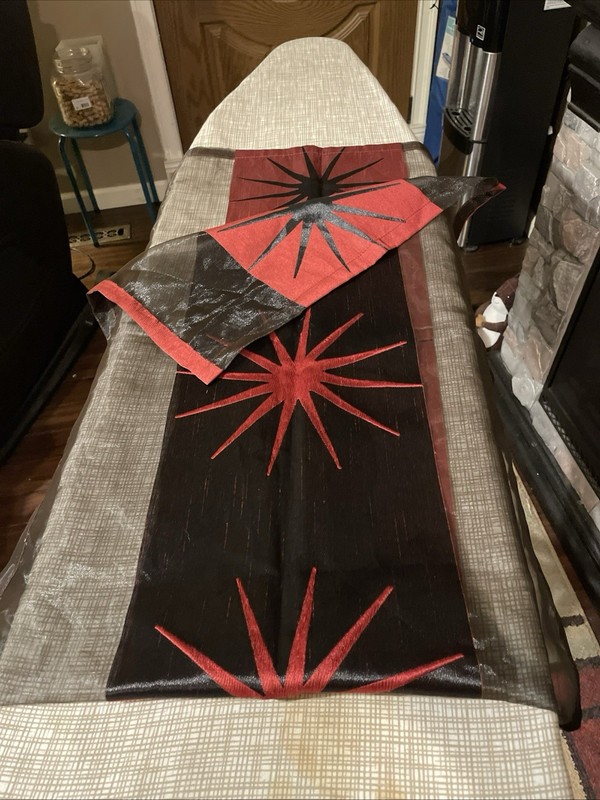 Double Sided Table Runner Maroon~Black Knit Sheer Fabric Star Burst 55.5”L 19.5” gallery