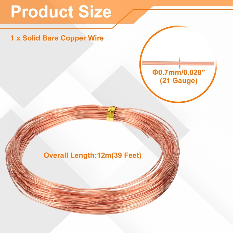 39Ft (12m) 21 Gauge (0.7mm) 99.9% Solid Bare Pure Copper Wire Soft gallery