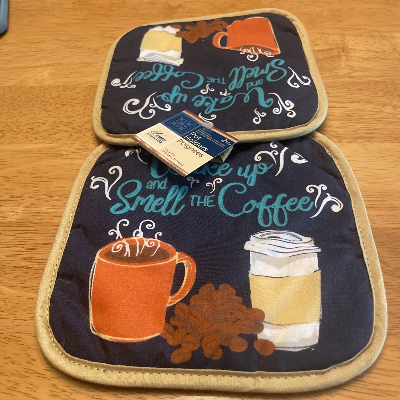 NWT~ Home Collection Pot Holders Wake up & Smell THE Coffee ~ 7” x 7” gallery