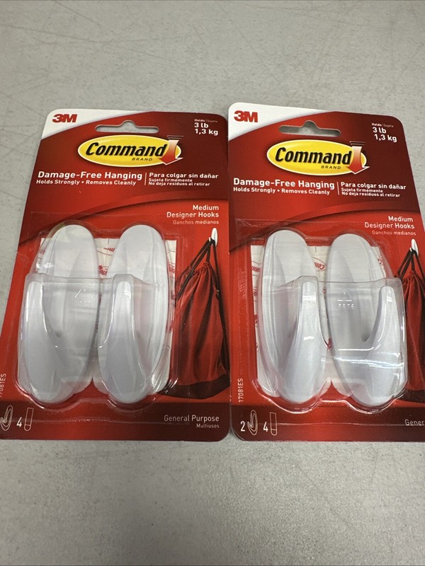 3M Command 2 Medium Designer HOOKS 4 STRIPS Multi-Use White 17081 - 2 Packs {59 gallery