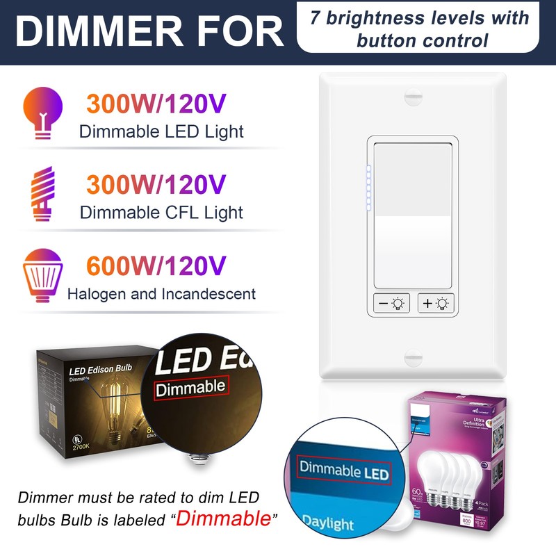 10PK Dimmer Light Switch Single Pole or 3-Way for LED Incandescent CFL 15A 120V gallery
