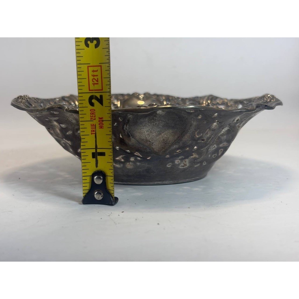 Vintage Silver Tone Repousse Floral Reticulated Decorative Bowl Candy Dish 6" gallery