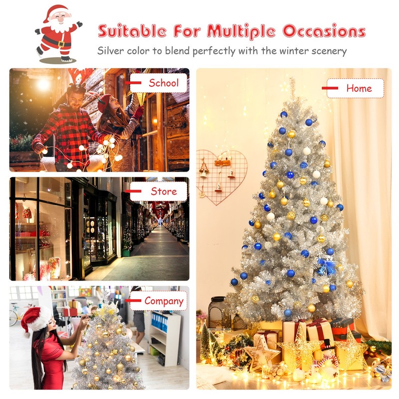 7.5Ft Hinged Unlit Artificial Silver Tinsel Christmas Tree Holiday w/Metal Stand gallery