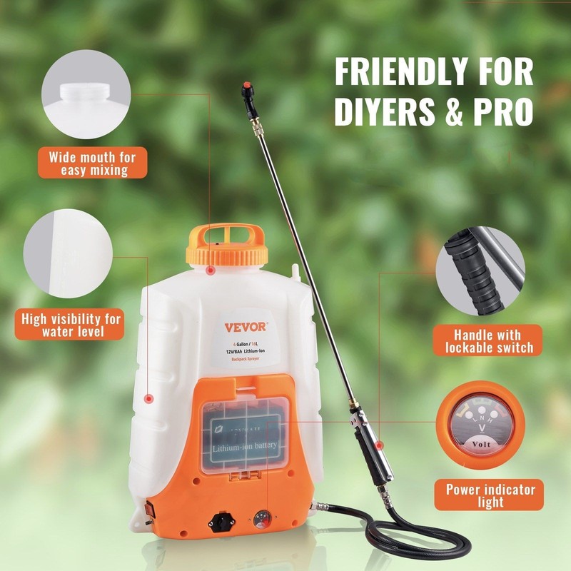 Battery-Powered Backpack Sprayer – 4 Gal, 0–90 PSI, 8 Nozzles, 12V 8Ah Lithium gallery