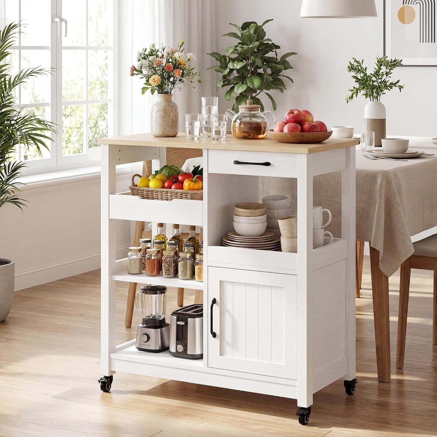 White Natural Wood Rolling Kitchen Storage Cart gallery