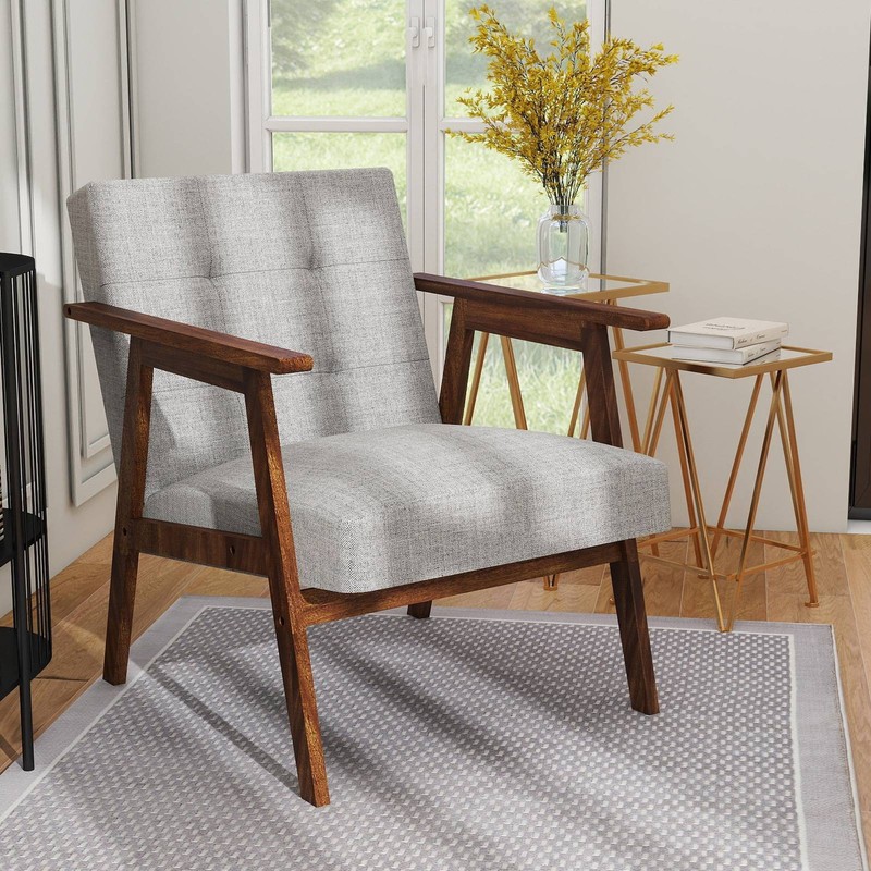 Chair Solid Wood Framed Leather Mid-Century Armchair light Gray for Living Room gallery