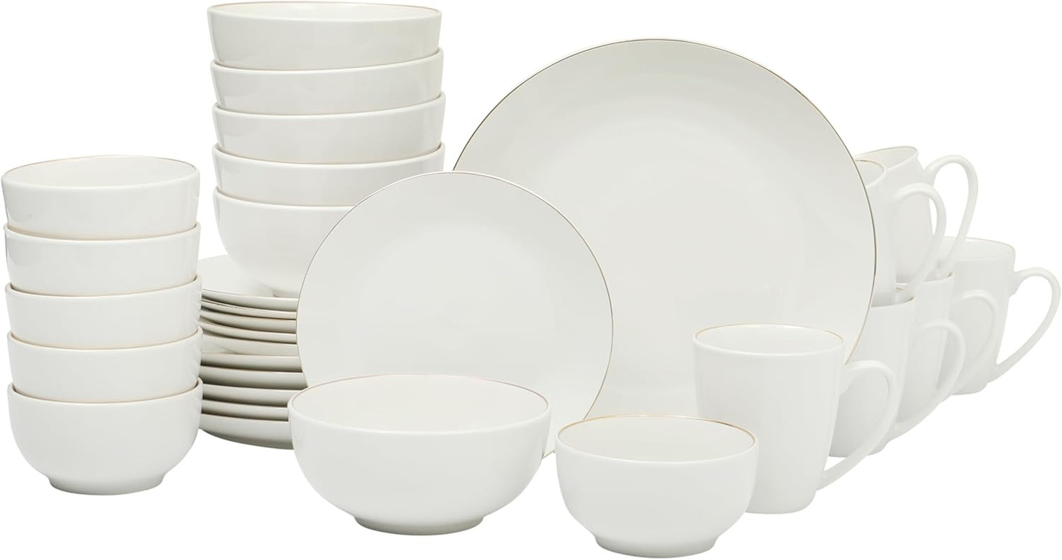 Sophisticated 30-Piece White Porcelain Dinnerware Set with Gold Accents for 6 gallery
