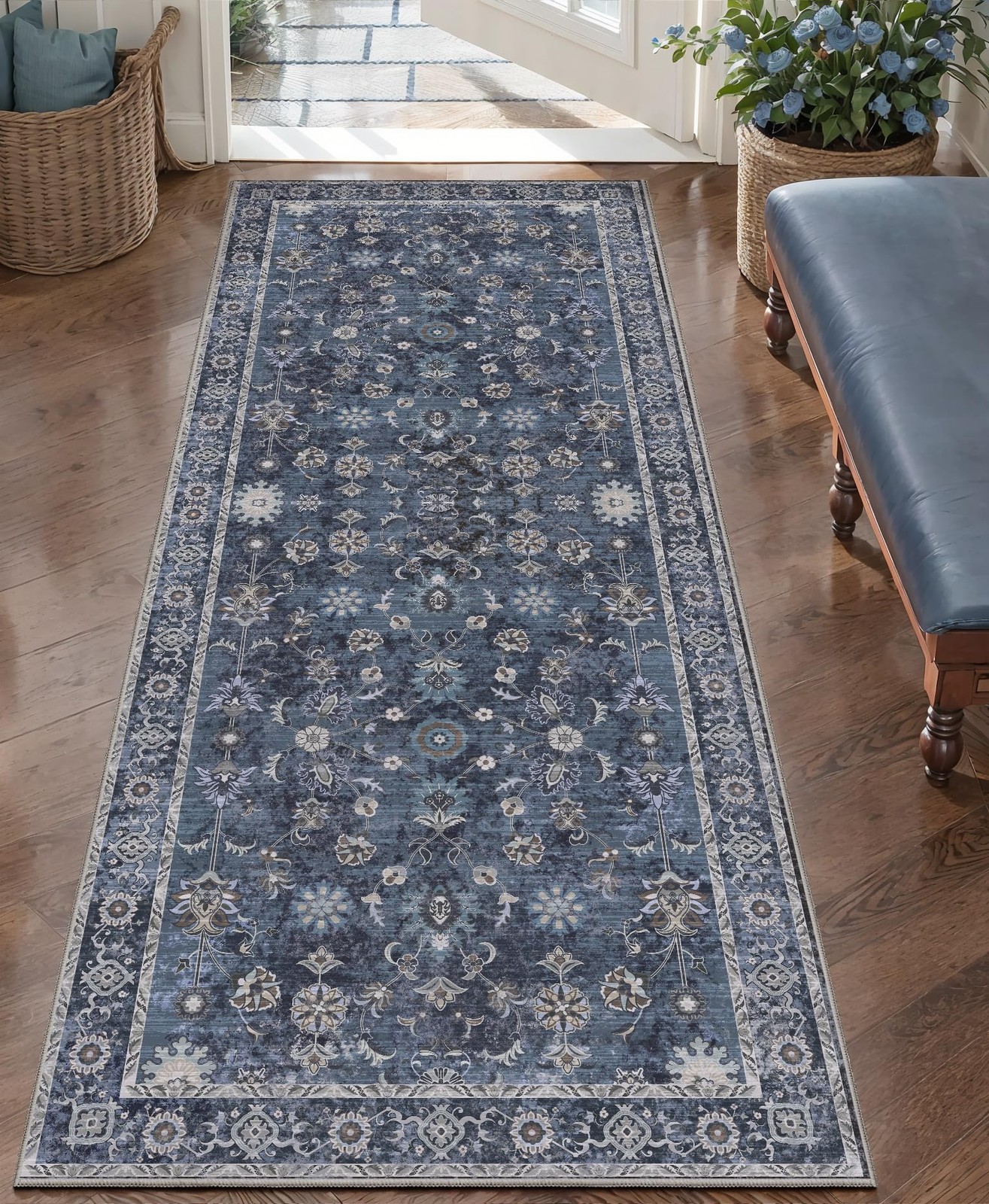 Tangsoo Washable Runner Rug for Hallway Non Slip 2x5 Blue Floral Vintage Runner gallery