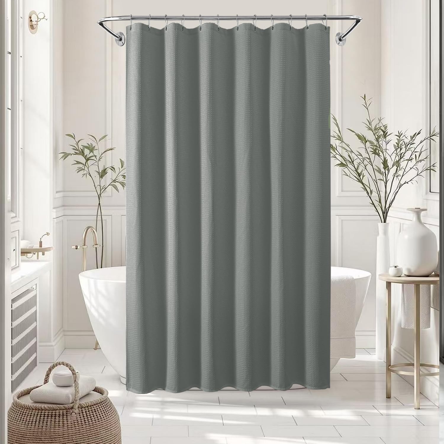 Waterproof Waffle Shower Curtain, 260GSM Heavy Duty Fabric with 12 Stainless ... gallery
