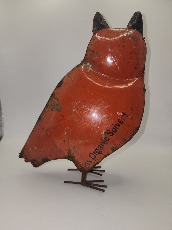 Rustic Red Unique Welded Paint Thinner Can Metal Art Owl Free Standing Figurine gallery