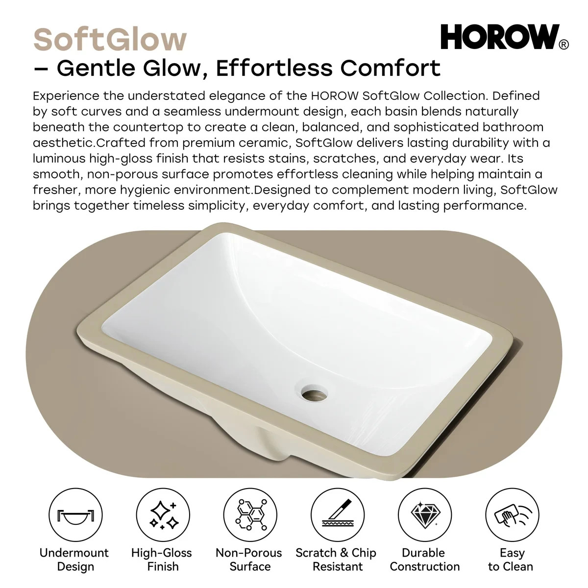 HOROW 21x15Inch Undermount Bathroom Sink Under Counter Vessel Sink with Overflow gallery