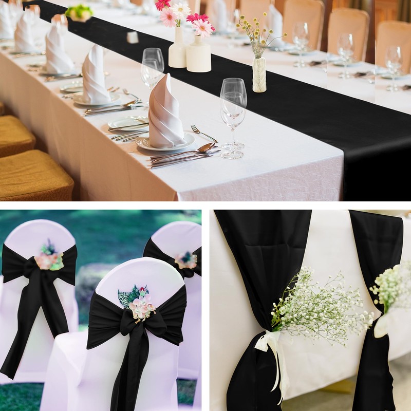 4 Pack Satin Table Runner 12 x 108 Inch Black Smooth Fabric Party Decoration gallery