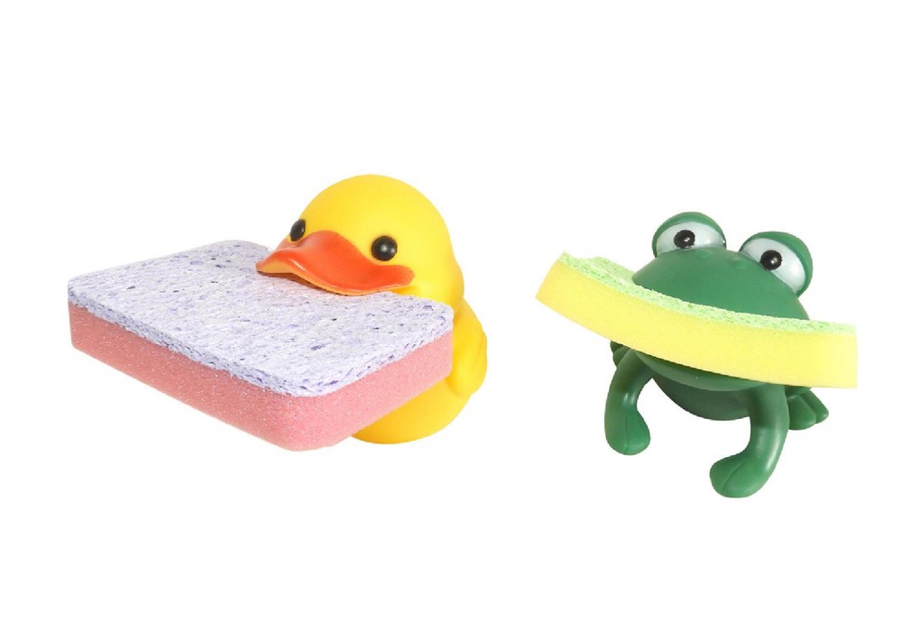 Animal Shape Novelty Kitchen Sponge Holder and Sponge Choice of Frog or Duck NEW
