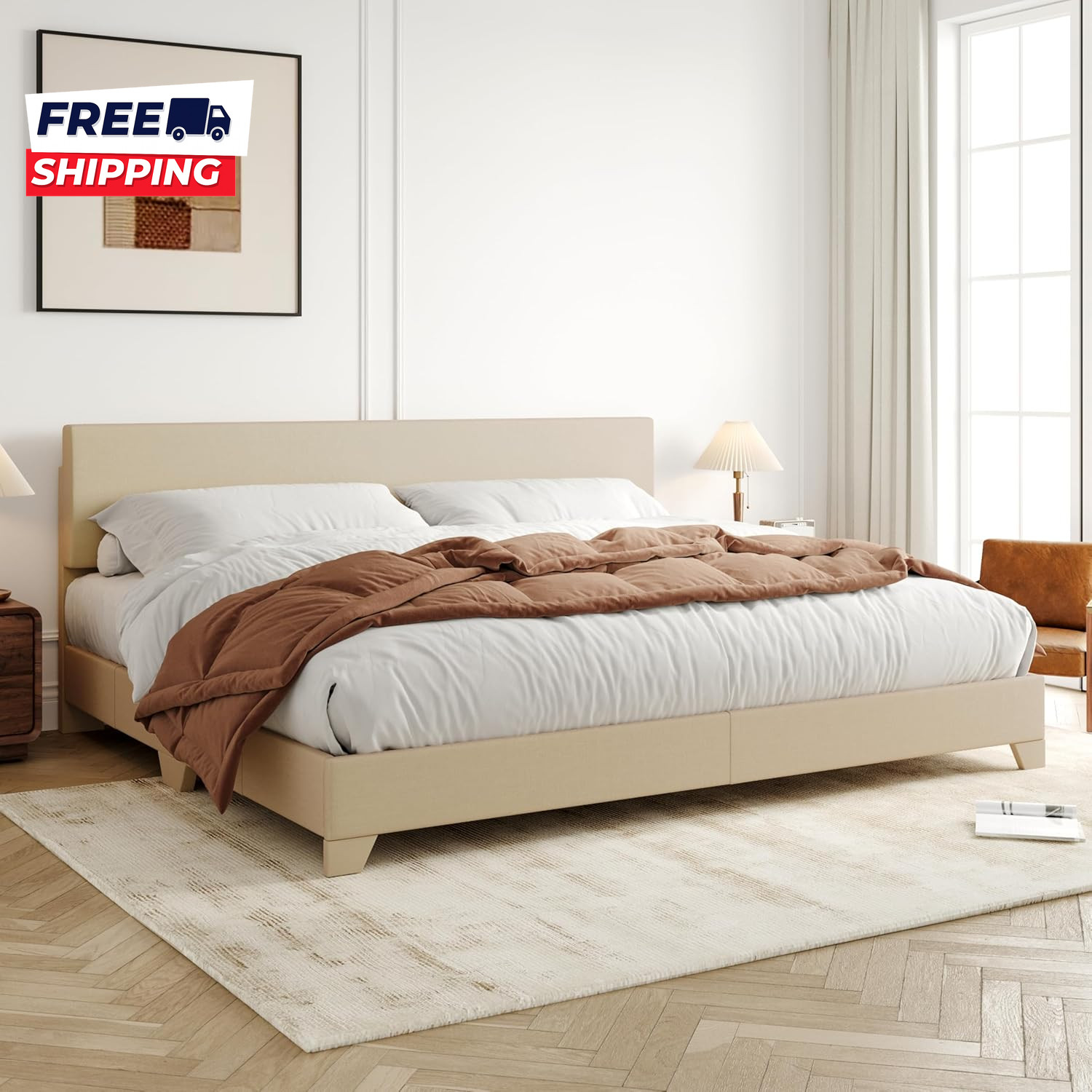 King Size Bed Frame with Adjustable Headboard Upholstered Platform Bed gallery