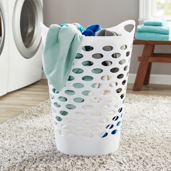 (2 pack) Mainstays Plastic Round Laundry Hamper, White, with Carrying Handles gallery