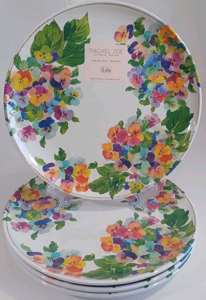 Set / 4 Rachel Zoe Melamine 11" Dinner Plate Set Pansies Vibrant Colors, New gallery