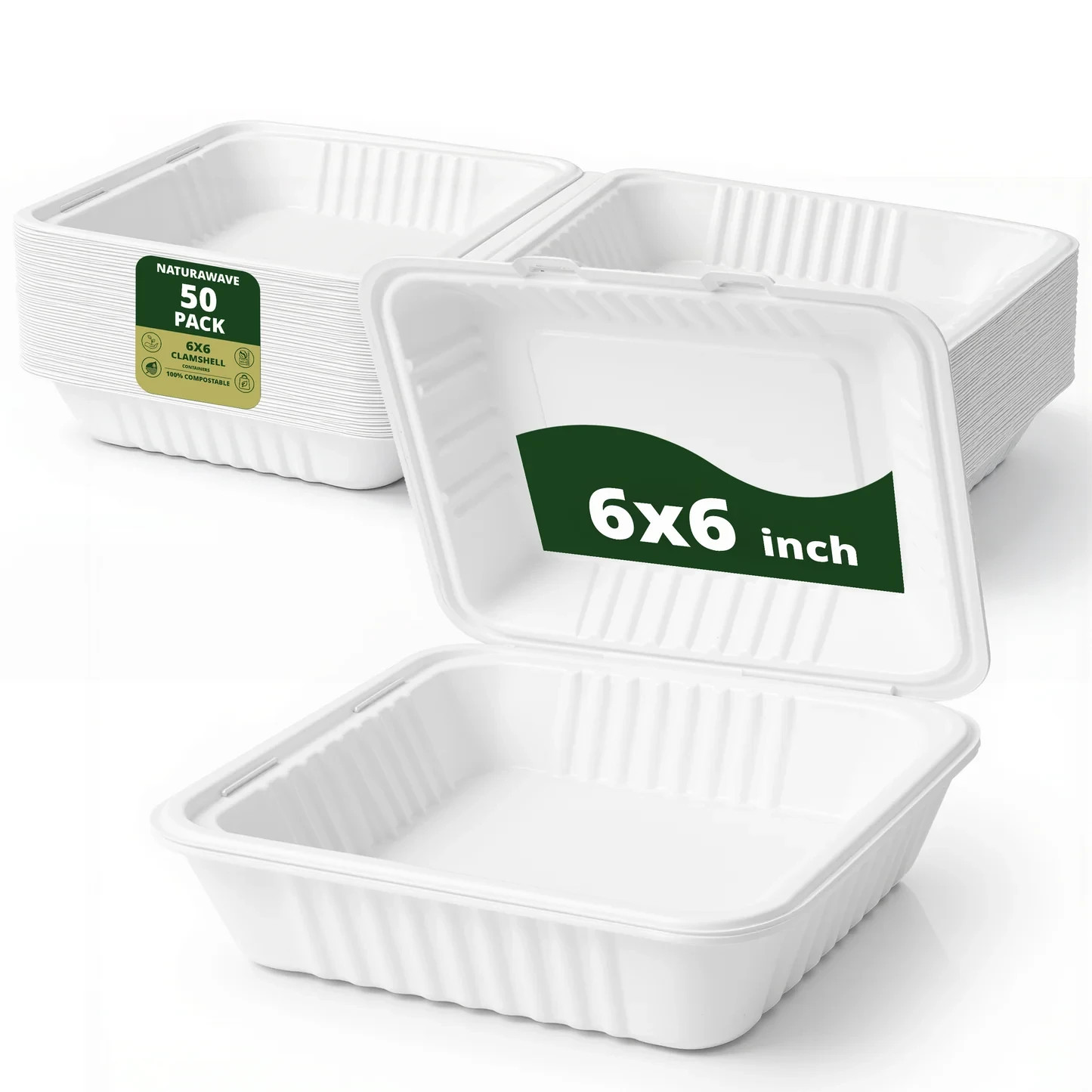 Naturawave Essentials 6" x 6" Compostable Clamshell Food Containers 50-Pack gallery
