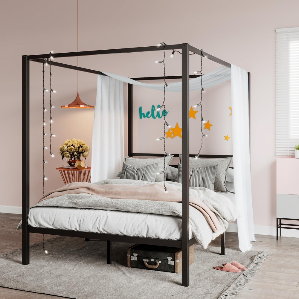 SHA CERLIN Canopy Bed Frame Full Size/Mattress Foundation with Metal Slats Su...