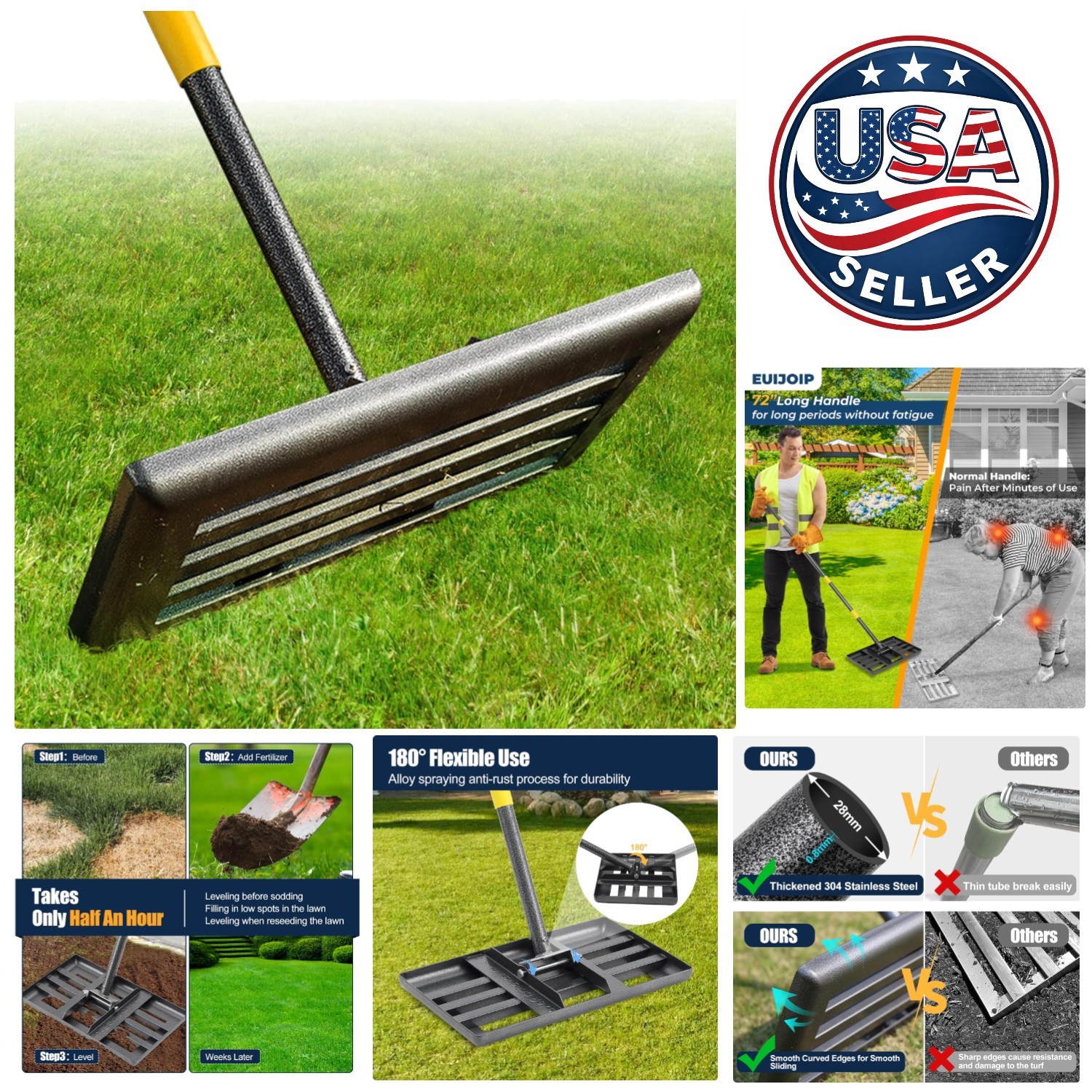 Heavy-Duty Lawn Leveling Rake 17x10in Stainless Steel - 72in Adjustable Handle gallery