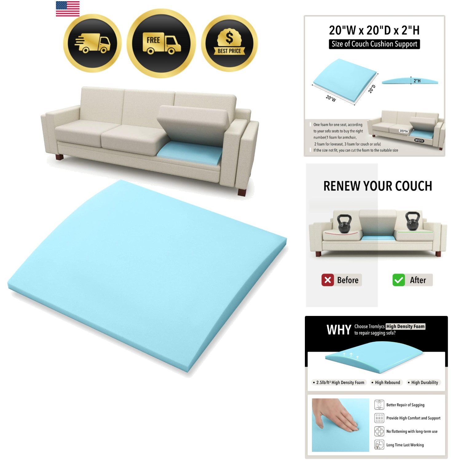 Couch Support Cushion Foam for Sagging Sofas 20x20 Inches Repair Pad gallery