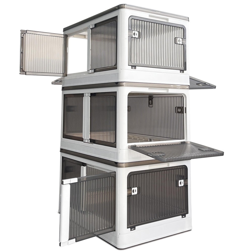 Stackable Storage Bins with Doors - 3 Tier 80Qt Each Plastic Collapsible Stor...